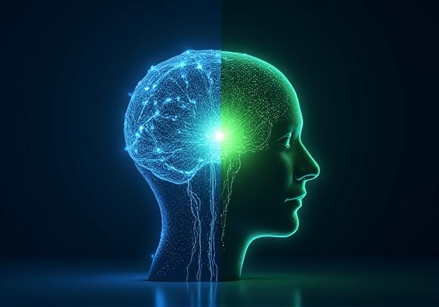 Abstract representation of artificial intelligence digital neurons merging with a human profile